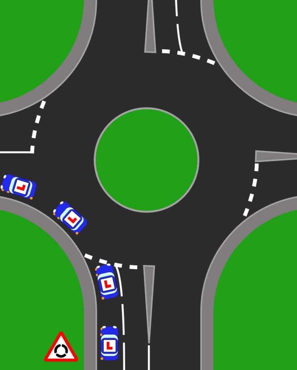 Turning left at a roundabout showing correct lane position and left signal