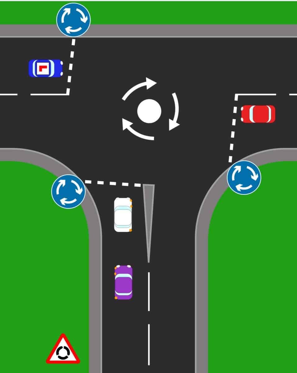 Mini roundabout at a T-junction showing correct approach and positioning for learner drivers