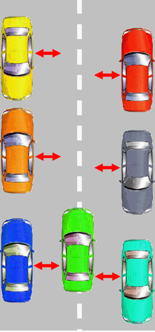 Diagram showing vehicles on a two-way road with arrows highlighting the lateral safety space drivers should maintain when passing parked cars and meeting oncoming traffic.