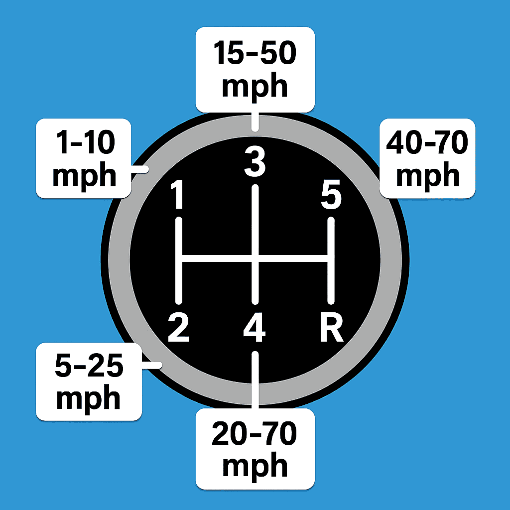 Manual transmission gear diagram displaying gear positions and recommended speed ranges for each gear, including 1st (1–10 mph), 2nd (5–25 mph), 3rd (15–50 mph), 4th (20–70 mph), 5th (40–70 mph), and reverse.